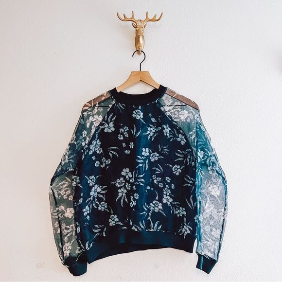 Zara Sweaters - Zara Women's Navy Blue Mesh Sleeves Floral Top Size Small